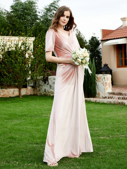 Half Sleeves Velvet Gown with Slit Pearl Pink