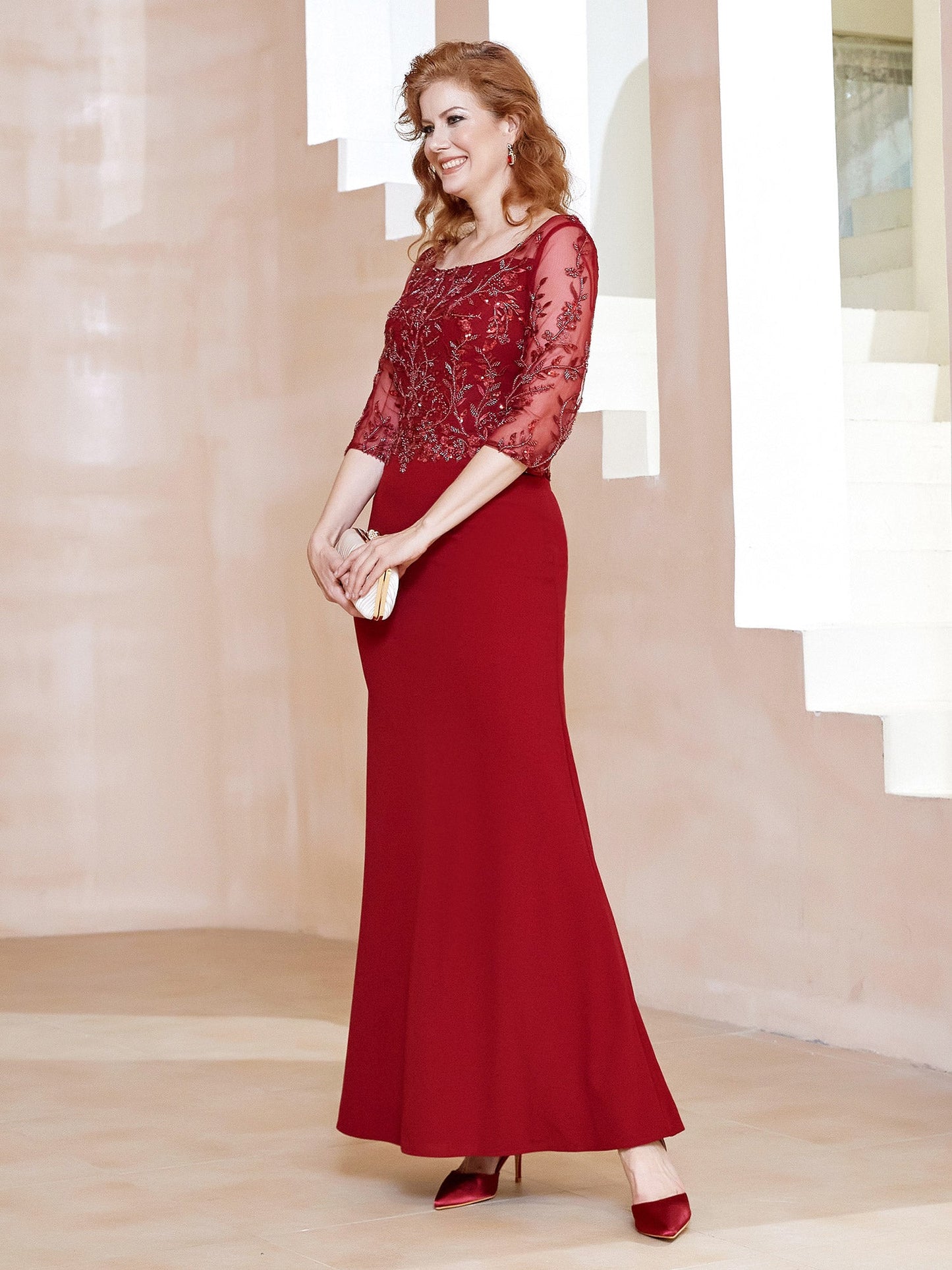 Square Neck 3/4 Sleeves Floor-length Dress Burgundy