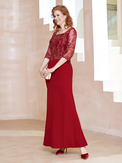 Square Neck 3/4 Sleeves Floor-length Dress Burgundy