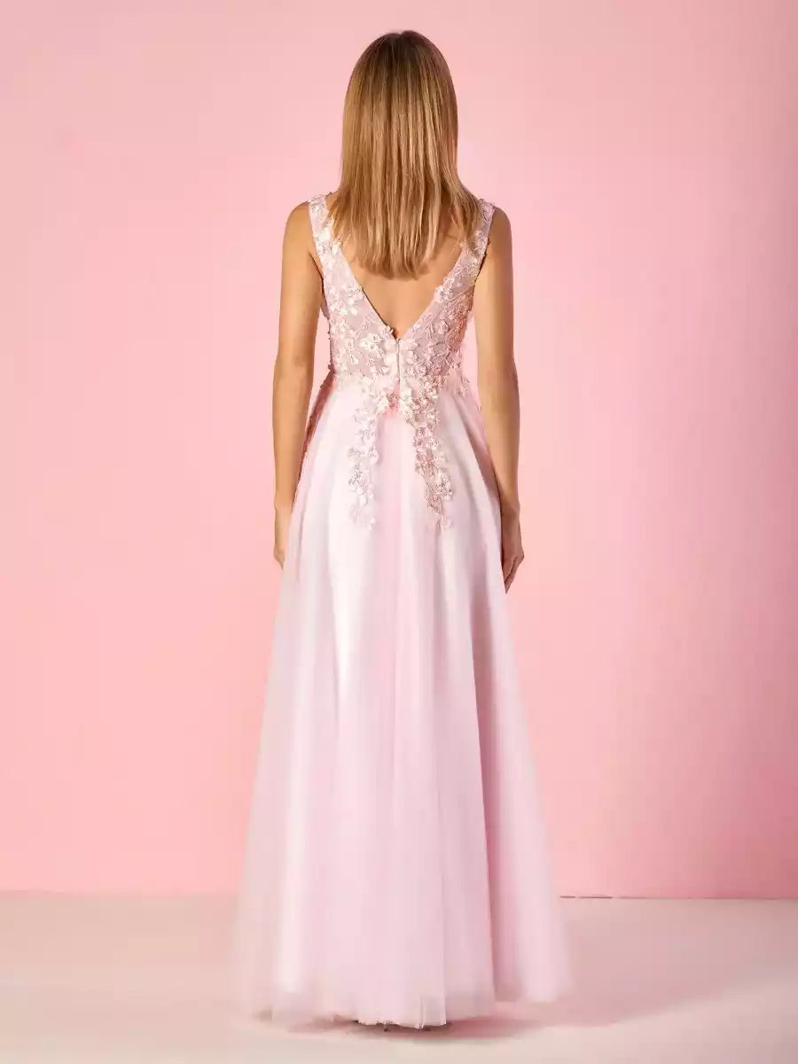 Fashionable and exquisite A-line V-neck and chiffon lace applique tight corset with zipper back Prom Dresses