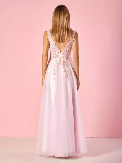 Fashionable and exquisite A-line V-neck and chiffon lace applique tight corset with zipper back Prom Dresses