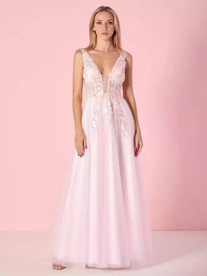 Fashionable and exquisite A-line V-neck and chiffon lace applique tight corset with zipper back Prom Dresses