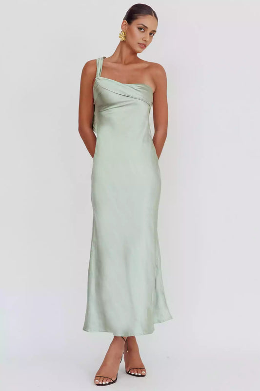 Fashionable satin extra long single shoulder strap with ruffled edges, no lining, invisible side zipper Prom Dresses