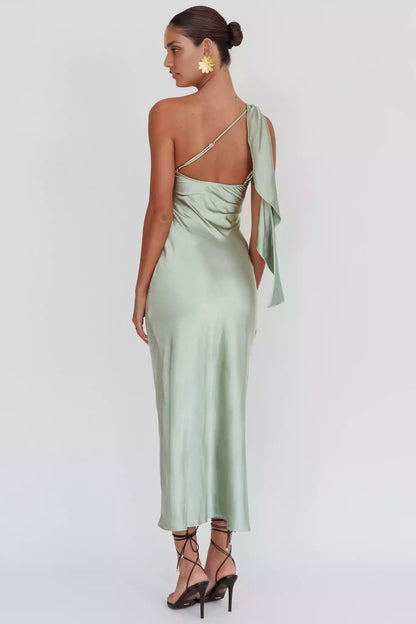 Fashionable satin extra long single shoulder strap with ruffled edges, no lining, invisible side zipper Prom Dresses