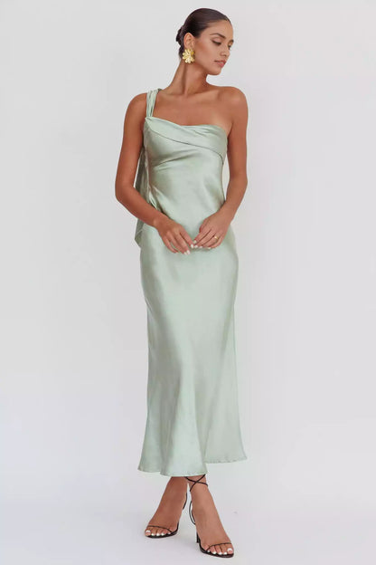 Fashionable satin extra long single shoulder strap with ruffled edges, no lining, invisible side zipper Prom Dresses