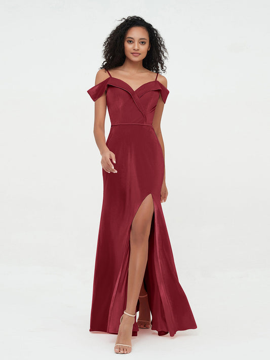 Off Shoulder Max Velvet Dresses with Silt Burgundy
