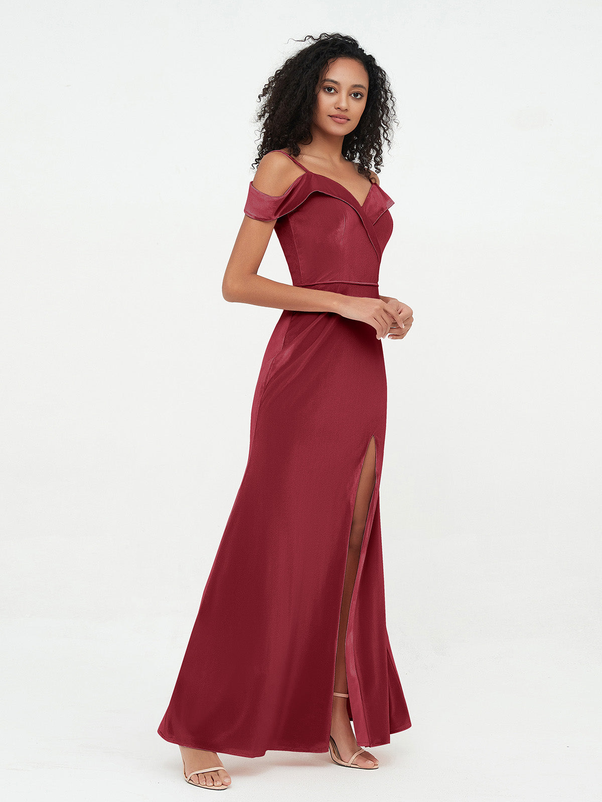 Off Shoulder Max Velvet Dresses with Silt Burgundy