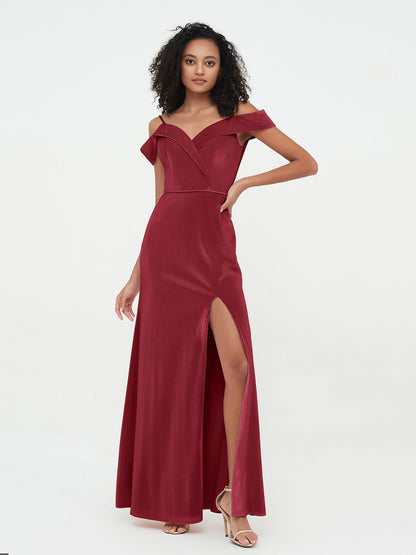 Off Shoulder Max Velvet Dresses with Silt Burgundy