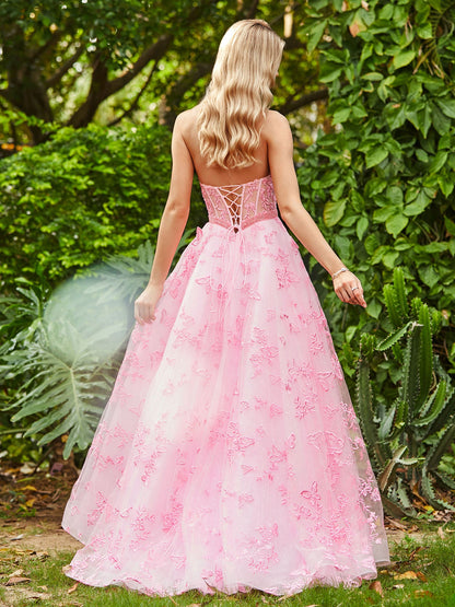 Corset Bodice Sweep/Brush Train A-line Dress Candy Pink