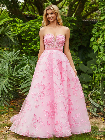 Corset Bodice Sweep/Brush Train A-line Dress Candy Pink