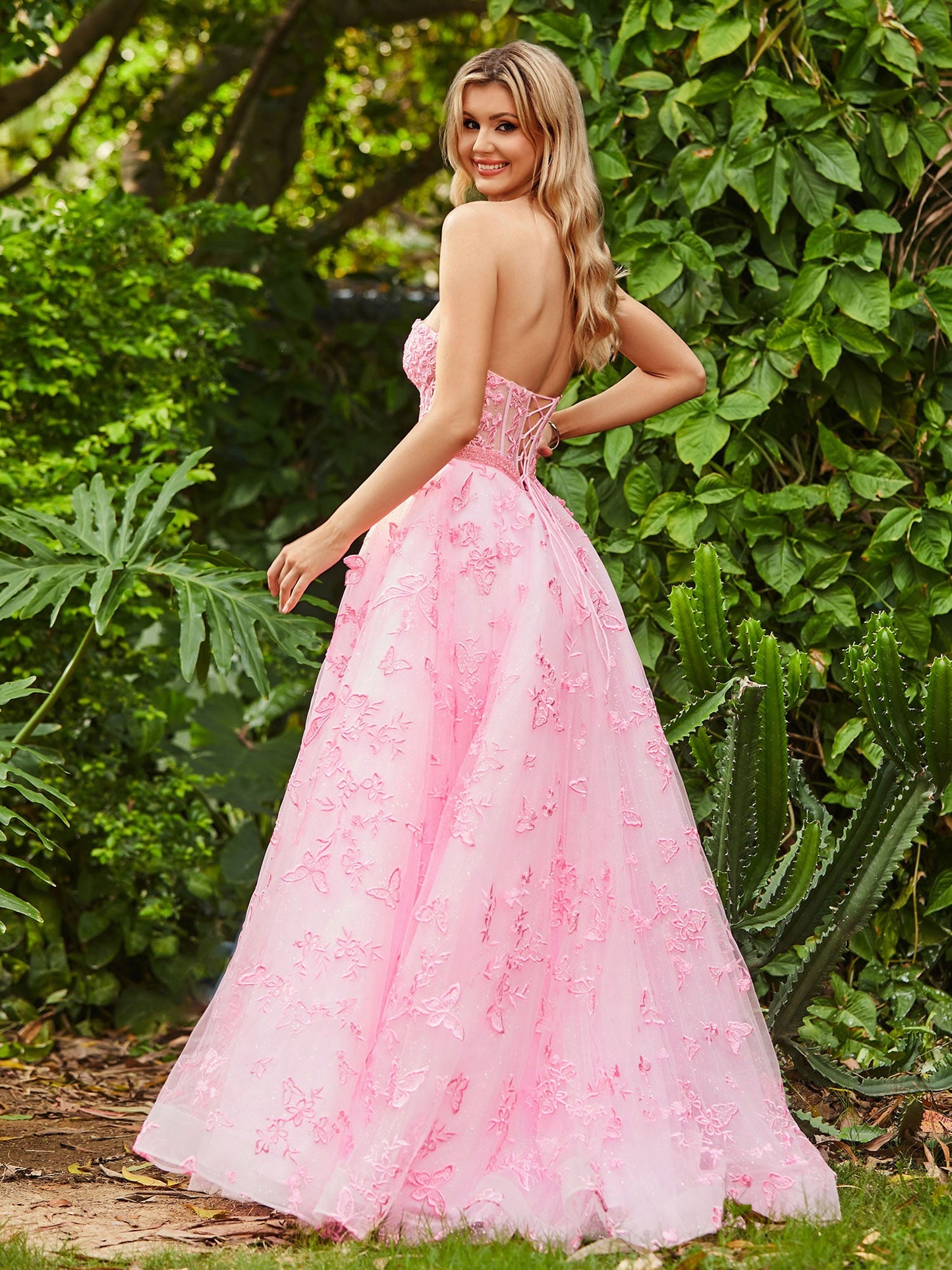 Corset Bodice Sweep/Brush Train A-line Dress Candy Pink