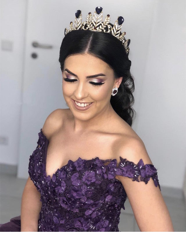 Floral Lace Flowers Off Shoulder Organza Prom Dress Ball Gowns