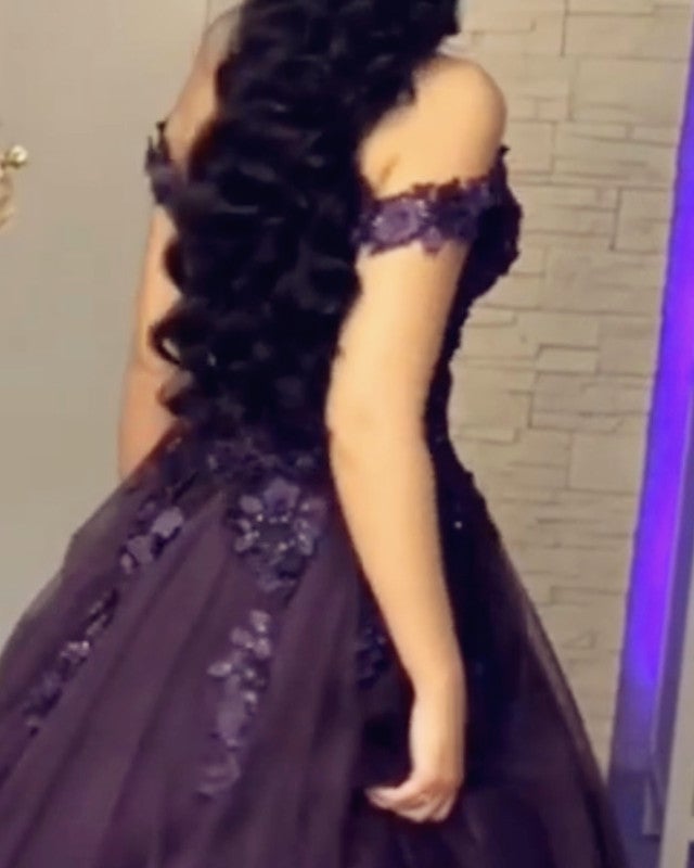Floral Lace Flowers Off Shoulder Organza Prom Dress Ball Gowns