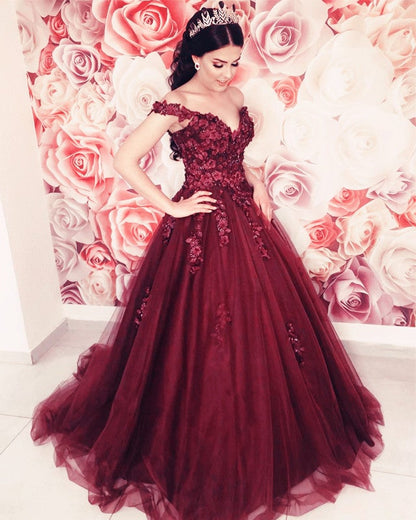 Floral Lace Flowers Off Shoulder Organza Prom Dress Ball Gowns