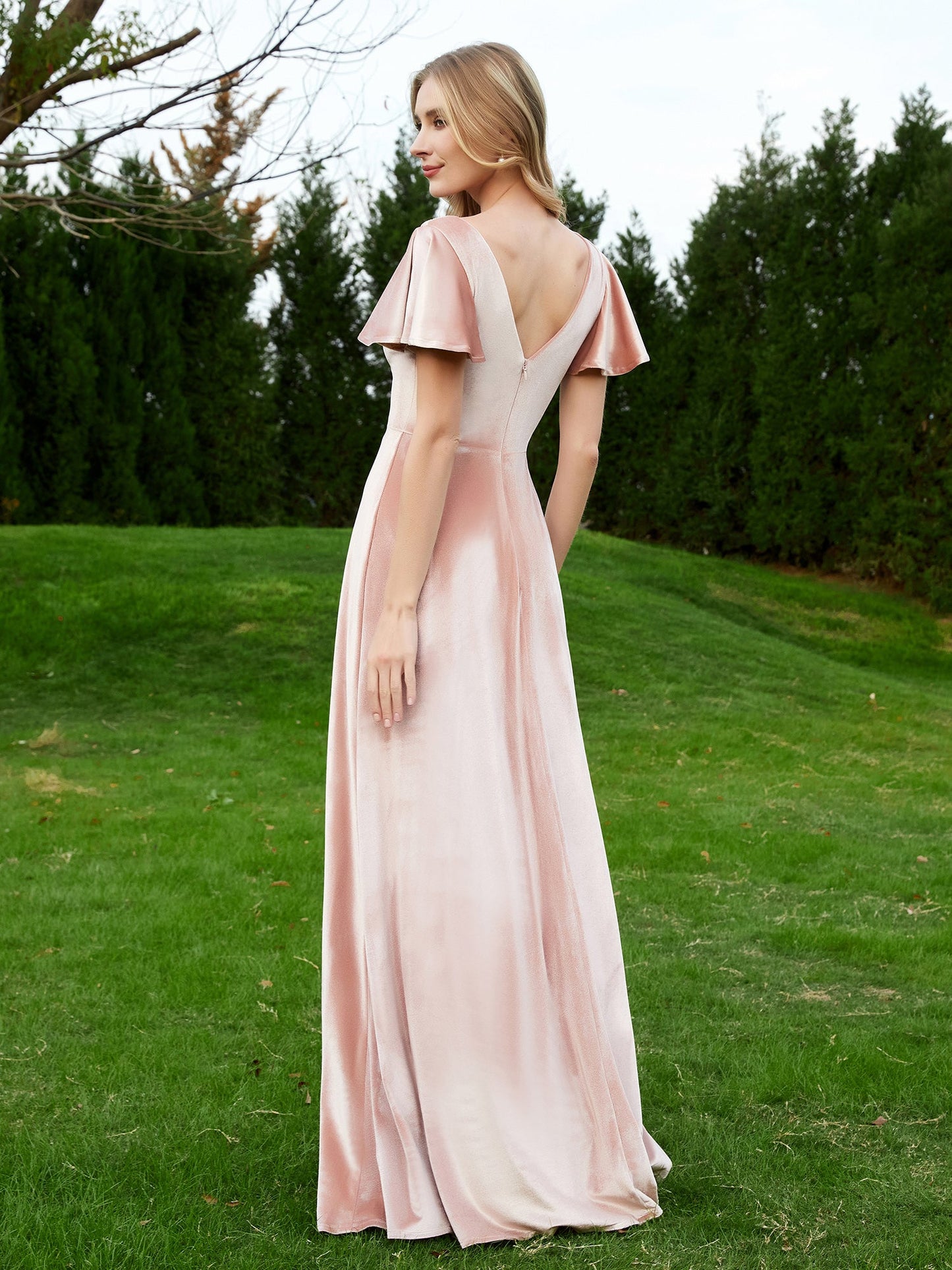 V Neck Flutter Sleeves Velvet Dress with Slit Pearl Pink