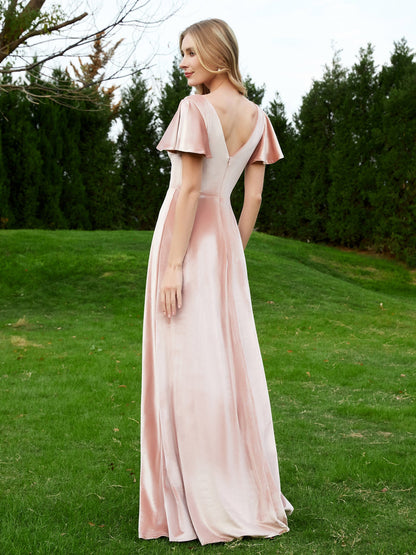 V Neck Flutter Sleeves Velvet Dress with Slit Pearl Pink