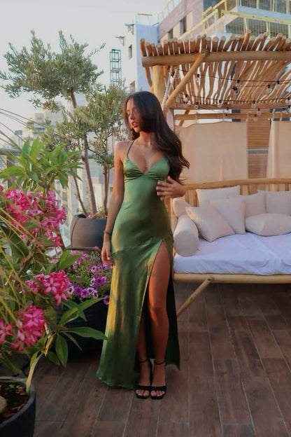 Forest Green Spaghetti Straps Sheath Satin Long Prom Dress with Slit