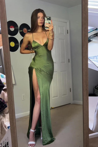 Forest Green Spaghetti Straps Sheath Satin Long Prom Dress with Slit