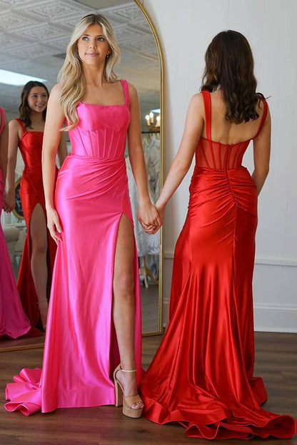 Fuchsia Corset Mermaid Satin Long Prom Dress