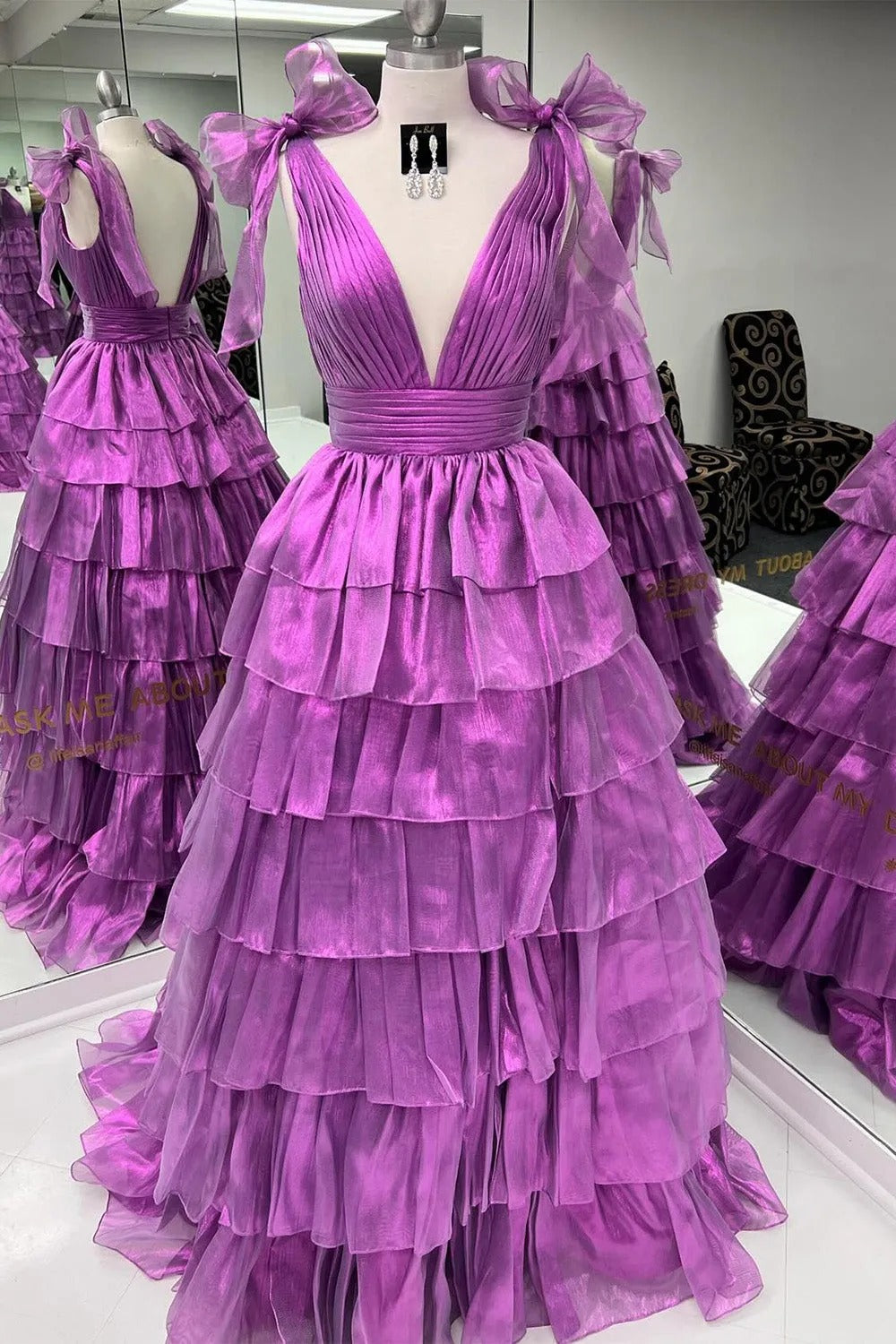 Fuchsia Princess Deep V Neck A Line Long Prom Dress with Ruffles