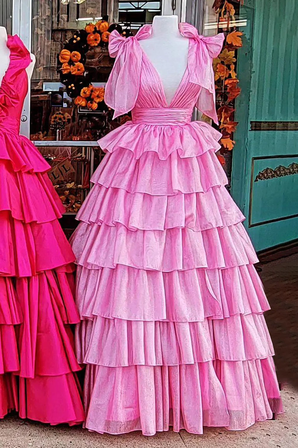 Fuchsia Princess Deep V Neck A Line Long Prom Dress with Ruffles