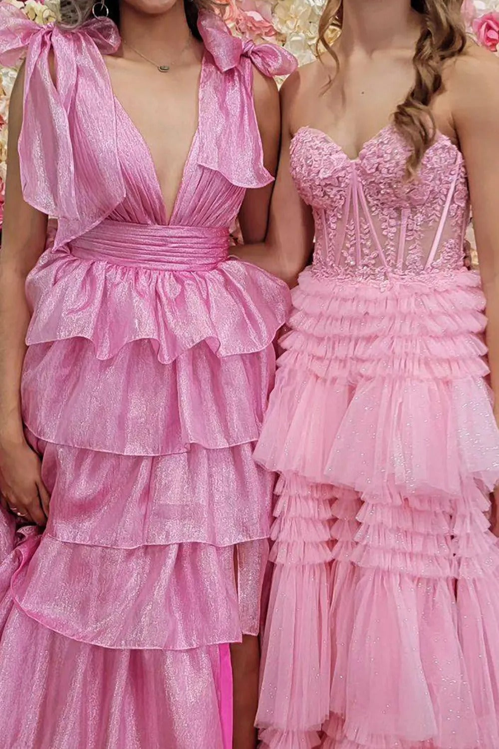 Fuchsia Princess Deep V Neck A Line Long Prom Dress with Ruffles