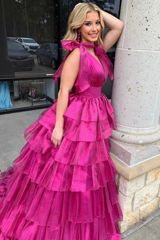 Fuchsia Princess Deep V Neck A Line Long Prom Dress with Ruffles