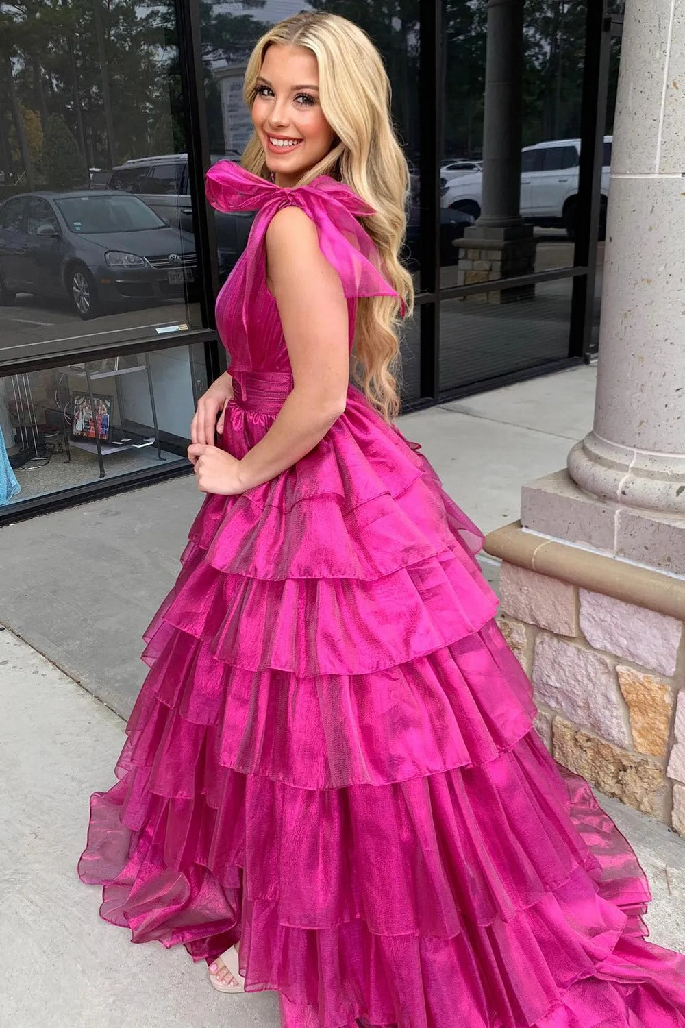 Fuchsia Princess Deep V Neck A Line Long Prom Dress with Ruffles