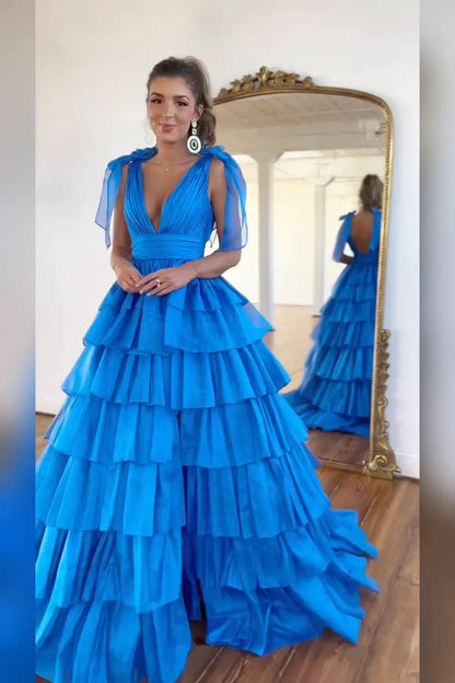 Fuchsia Princess Deep V Neck A Line Long Prom Dress with Ruffles