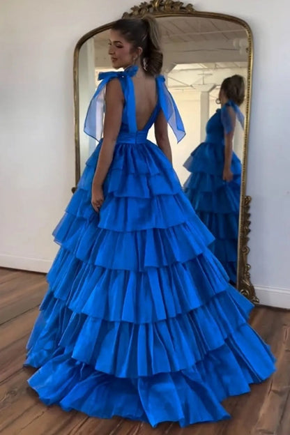 Fuchsia Princess Deep V Neck A Line Long Prom Dress with Ruffles