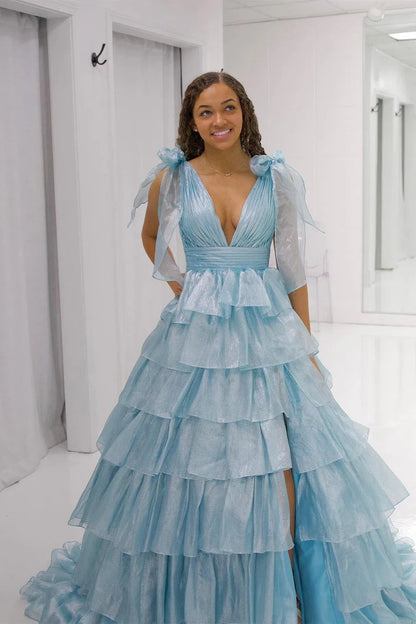 Fuchsia Princess Deep V Neck A Line Long Prom Dress with Ruffles