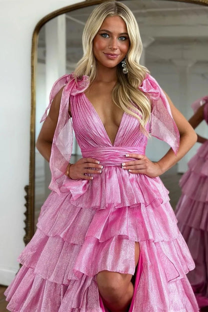 Fuchsia Princess Deep V Neck A Line Long Prom Dress with Ruffles