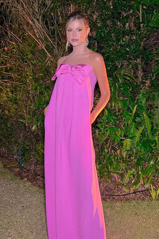 Fuchsia Strapless Column Satin Long Prom Dress with Bow