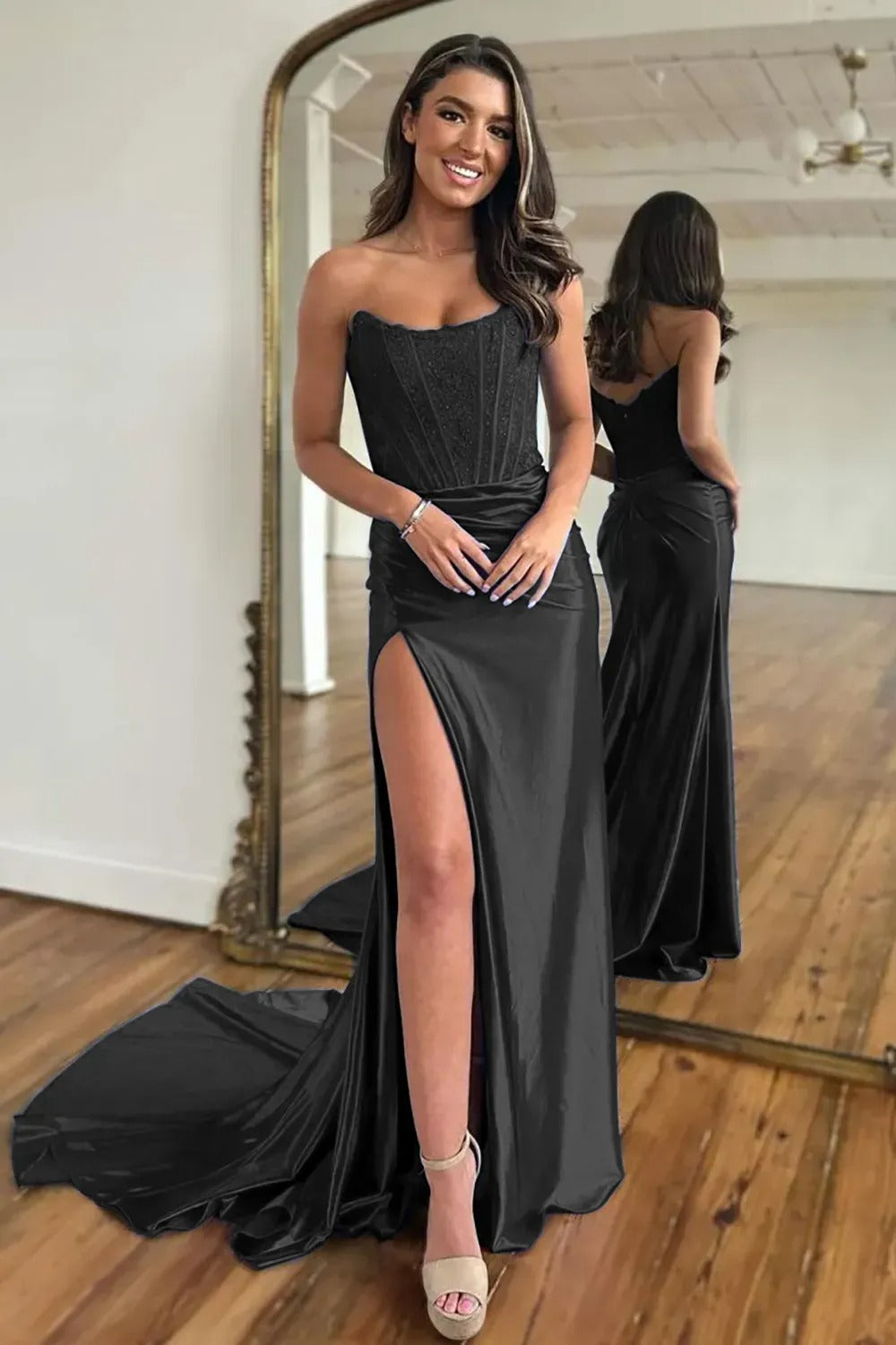 Fuchsia Strapless Corset Mermaid Long Satin Prom Dress