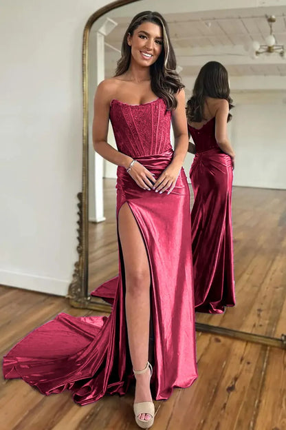 Fuchsia Strapless Corset Mermaid Long Satin Prom Dress