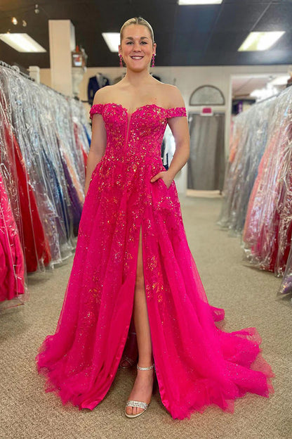 Fuchsia Tulle Off the Shoulder A-Line Applique Long Prom Dress