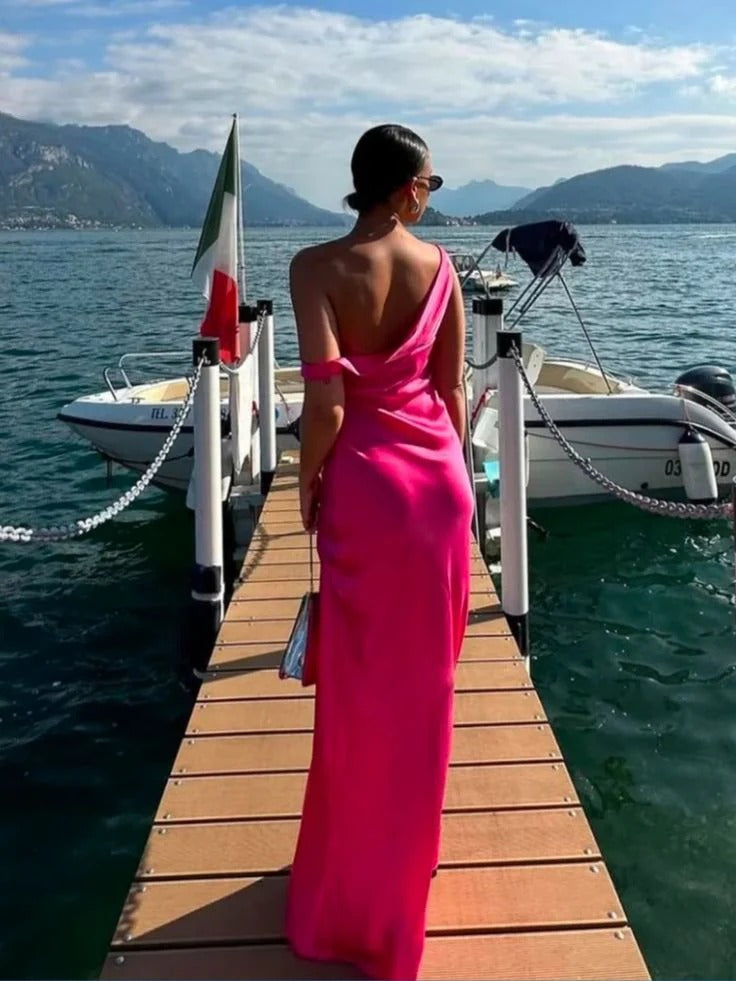 Fuchsia Off the Shoulder Mermaid Satin Long Prom Dress