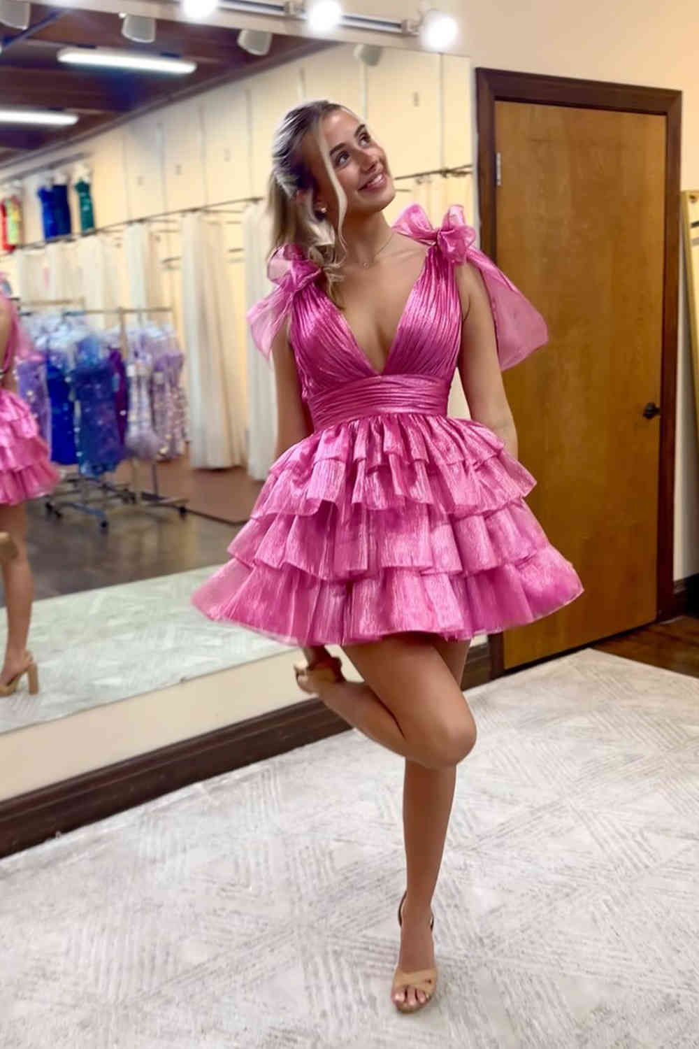 Plunging V-Neck Royal Blue Bow Straps Ruffle Homecoming Dress