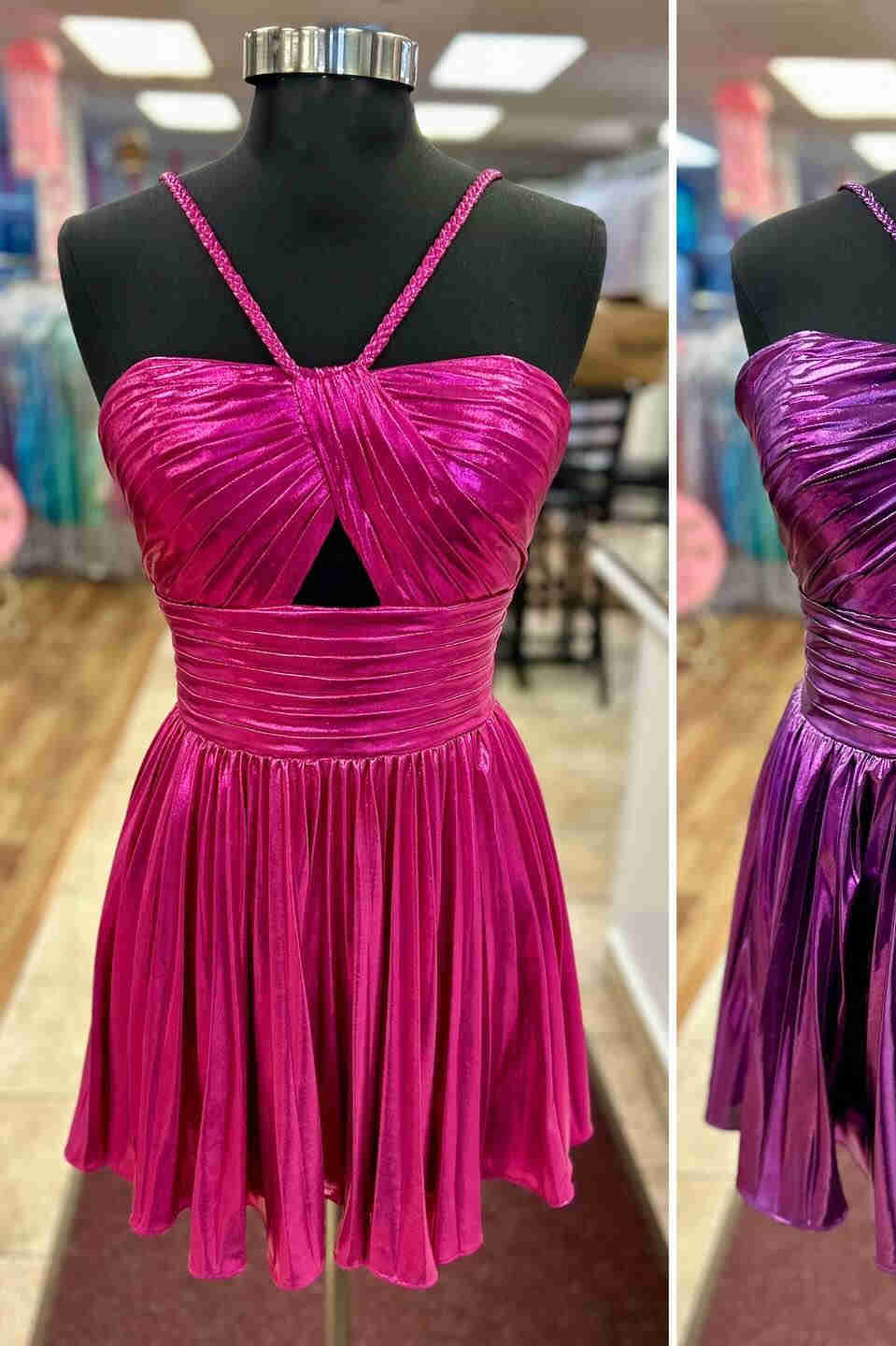 Halter Champagne Metallic Keyhole Pleated A-Line Cocktail Dress