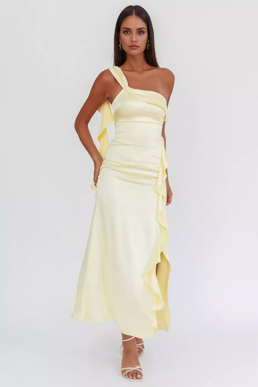 Full of charm, satin with extra long shoulder and leg slits, hidden side zipper with ruffle edge Prom Dresses