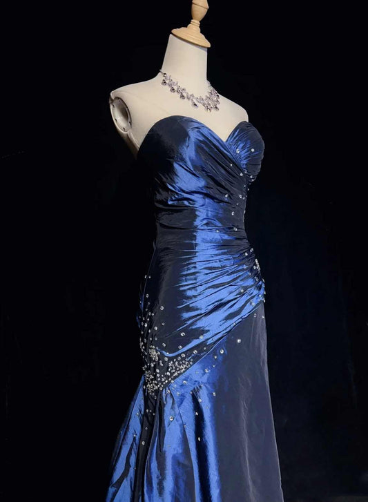 Blue Vintage Fashion Exquisite Beading Long Satin Floor Length Ball Gown Evening Dress gh3636