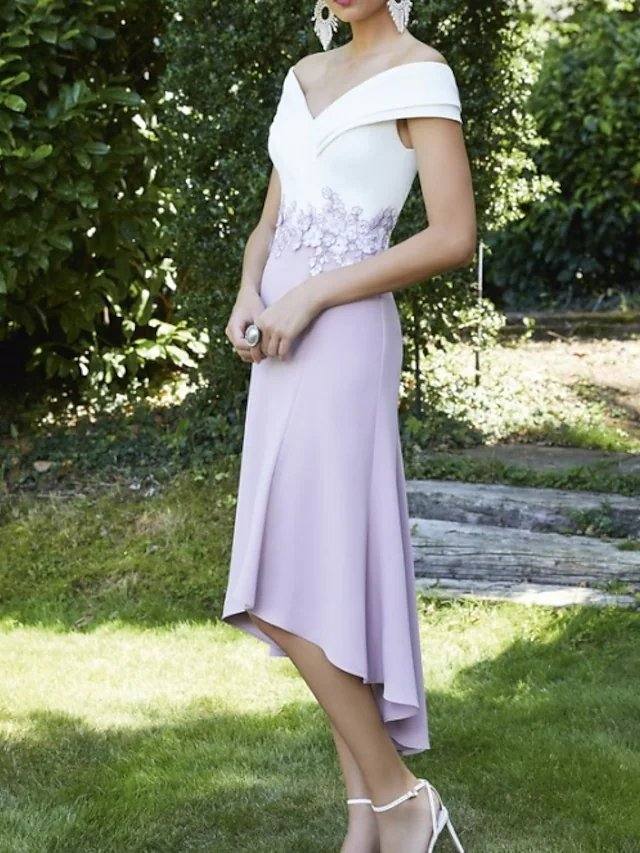 A-Line Mother of the Bride Dress Elegant V Neck Asymmetrical Knee Length Italy Satin Short Sleeve with Appliques - RongMoon