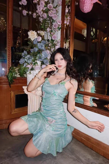 Fashion Mint Green Sparkling Sequin Spaghetti Strap Ruffled Hem Short 16th Birthday Party Dress Homecoming Dress HZ1024