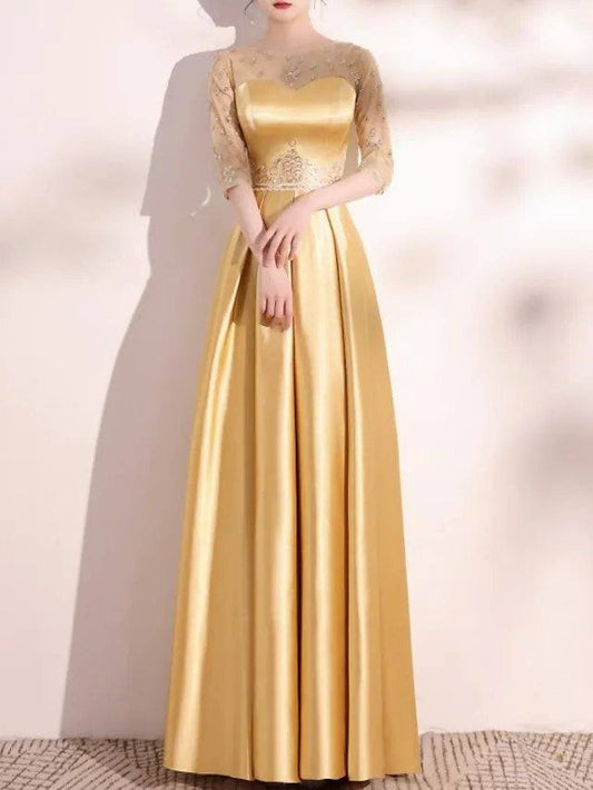 A-Line Elegant Homecoming Formal Evening Dress Jewel Neck Half Sleeve Floor Length Satin with Appliques - RongMoon