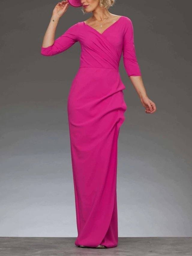 Sheath / Column Mother of the Bride Dress Elegant V Neck Floor Length Chiffon 3/4 Length Sleeve with Split Front Ruching - RongMoon
