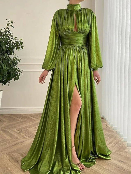 A-Line Empire Elegant Party Wear Formal Evening Dress High Neck Long Sleeve Court Train Taffeta with Pleats Split - RongMoon
