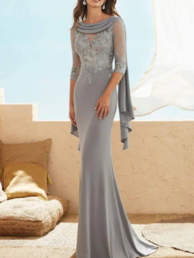 Sheath / Column Mother of the Bride Dress Elegant Jewel Neck Floor Length Chiffon Lace Half Sleeve with Appliques Ruching - RongMoon