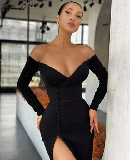 Black Mermaid Prom Dresses V-Neck Spandex Satin Side Slit Long Sleeves Evening Dresses With Zippe - RongMoon