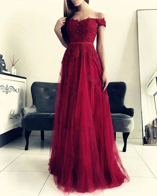 Lace Appliques Off Shoulder Tulle Bridesmaid Dresses Long - RongMoon