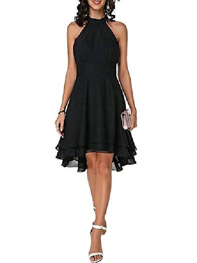 A-Line Flirty Empire Engagement Cocktail Party Dress Halter Neck Sleeveless Knee Length Chiffon with Sleek Tier - RongMoon